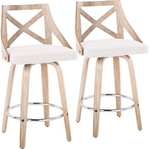 Charlotte 26" Swivel Counter Stool in White Washed Wood, Cream Fabric & Chrome Footrest (Set of 2)